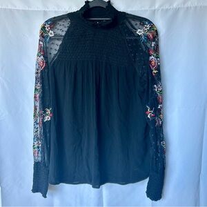 Floral Embroidered Black Blouse